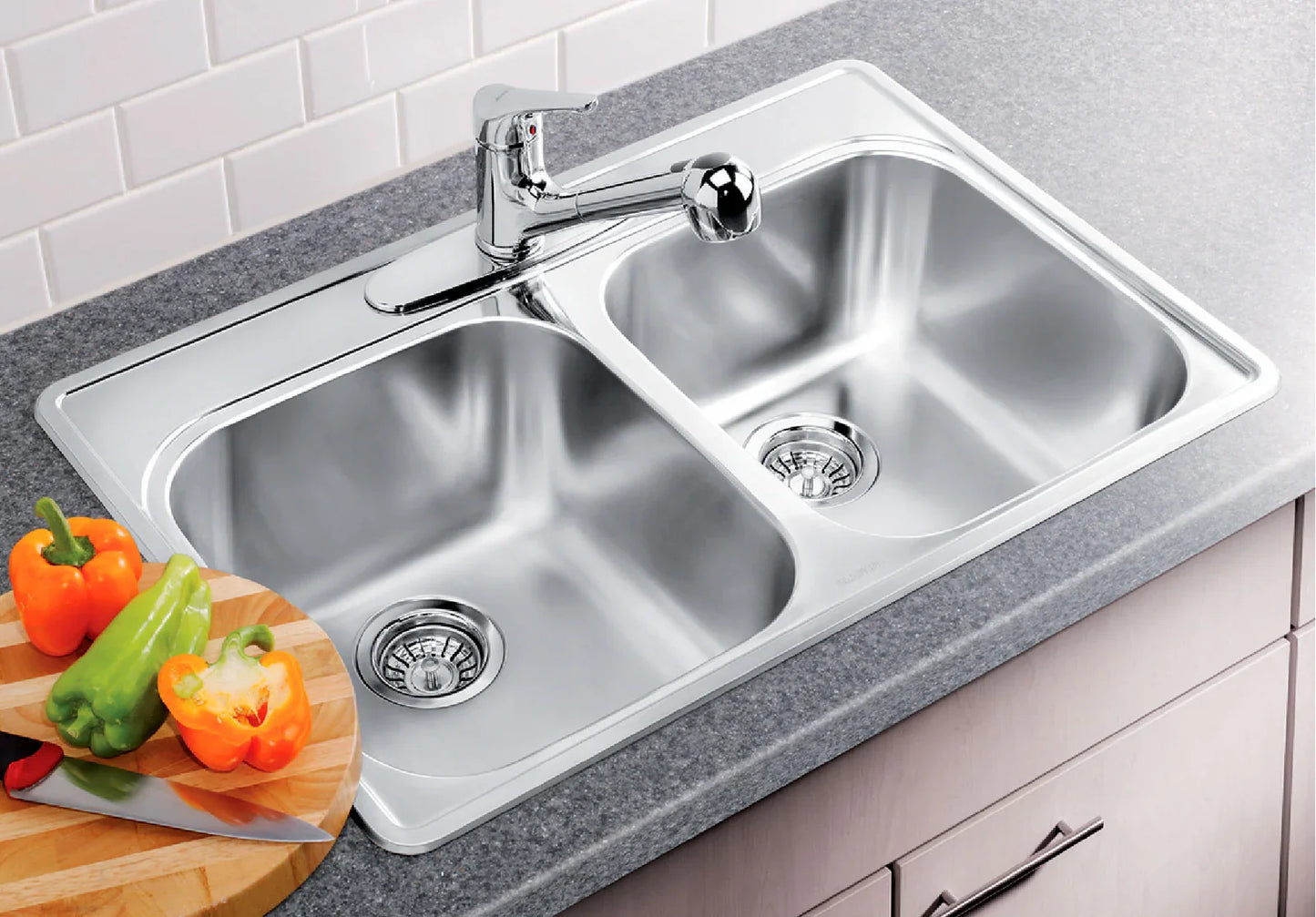 Blanco Essential 2 (1 Hole) Drop-In Double Bowl Stainless Steel Kitchen Sink