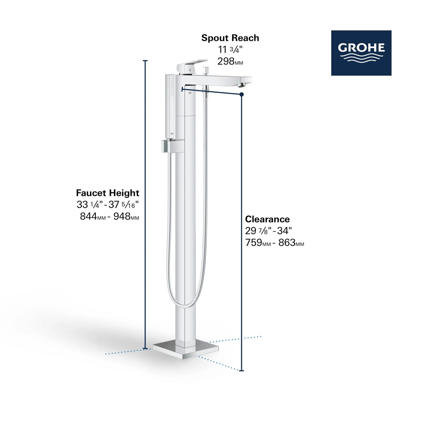 Grohe Eurocube® Single-Handle Freestanding Tub Faucet With 6.6 L/Min (1.75 Gpm) Hand Shower