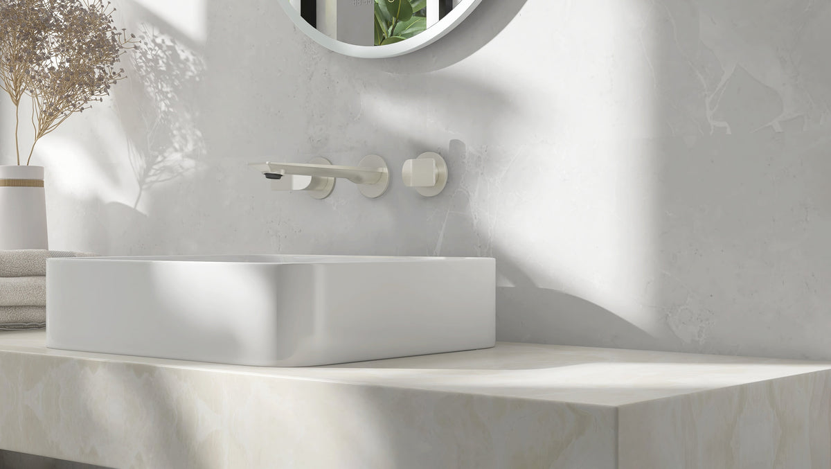 Baril Profile B46 B46-8041-00L wall-mounted lavatory faucet in Brushed Nickel, installed setting