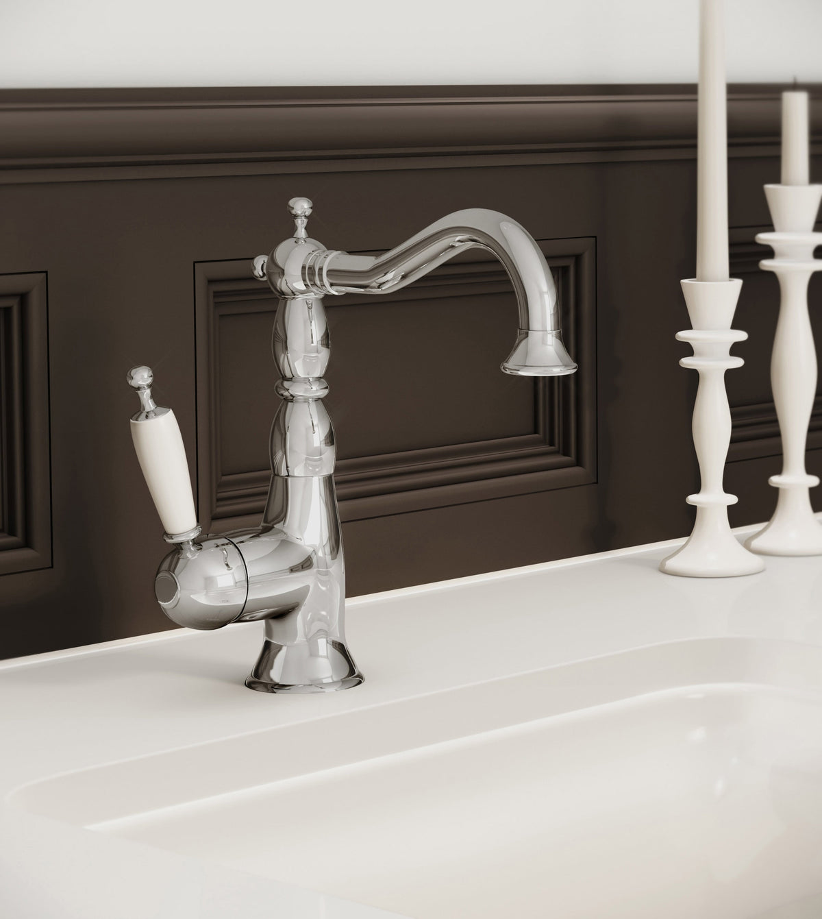 Baril Victoire B74 MON-2600-00L - Chrome / White faucet installed at a bathroom sink - lifestyle view