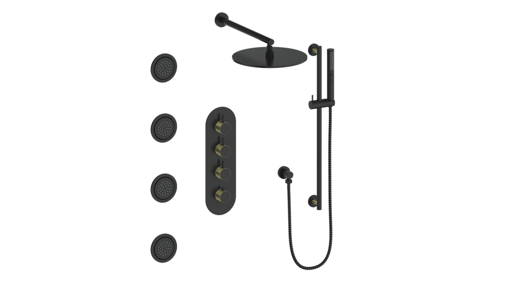 Vogt Drava 3-Way Thermostatic Shower System with Body Jets - Brushed Gold / Matte Black (SET.DA.350.930.BGB)