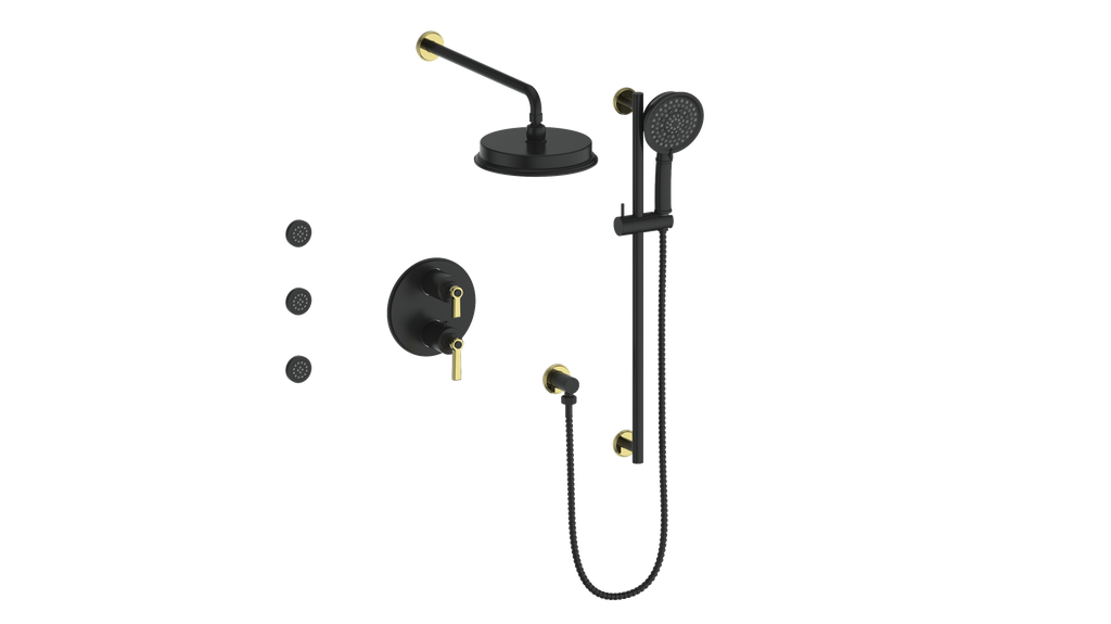 Vogt Zehn 3-Way Thermostatic Shower System with Body Jets, Lever Handle - Brushed Gold / Matte Black (SET.Z1.320.810.BGB)