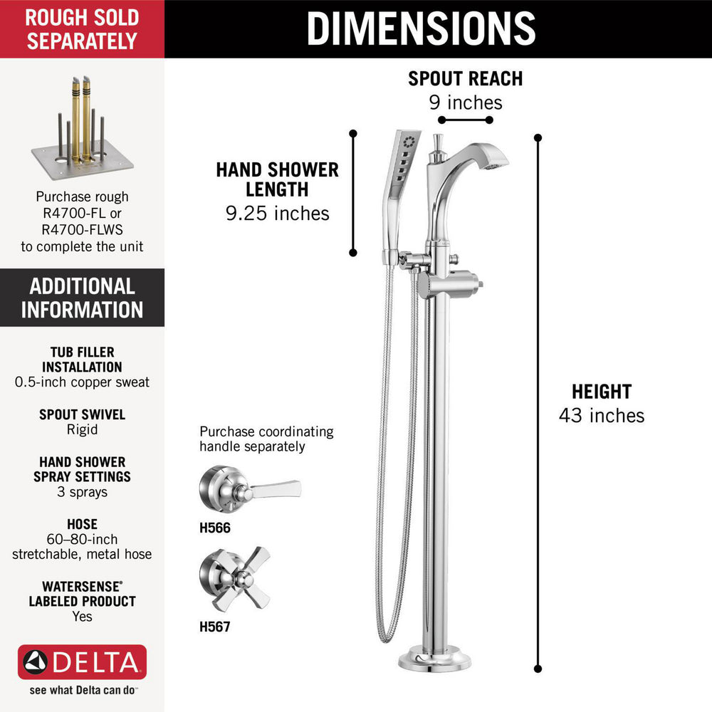 Delta Dorval Single Handle Floor Mount Tub Filler Trim - Less Handle - T4756