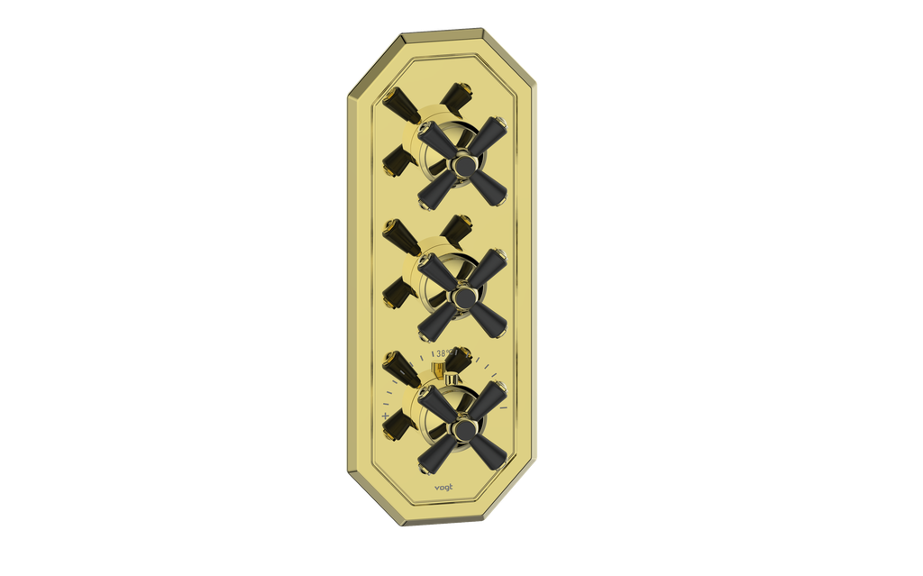 Vogt Carinthia 3/4" High-Flow Thermostatic Valve Trim with 2 Stops in Brushed Gold & Matte Black with Cross Handle – TM.C3.250.BGB