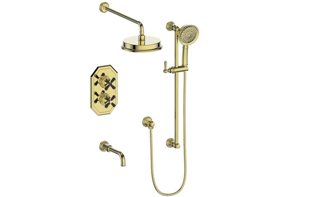 Vogt Carinthia 3-Way Thermostatic Shower System Trim in Brushed Gold & Matte Black with Cross Handle – TM.C31.320.310.BGB