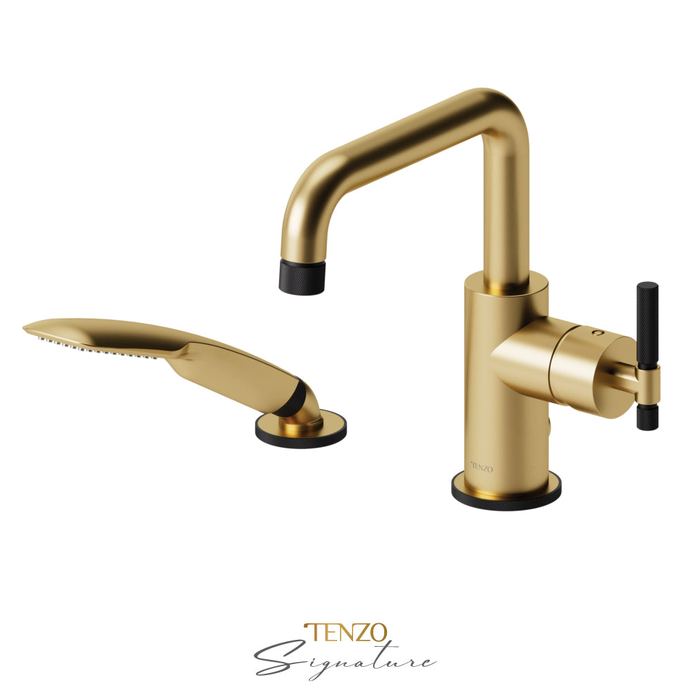 Tenzo Bellacio 2-Piece Deck Mount Tub Filler with Hand Shower, Smaller Knurled - BE31-F-PB