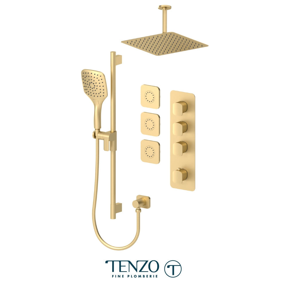 Tenzo Delano Extenza 3-Function Thermostatic Shower Kit Trim, 12" AirBoost Rain Head, Ceiling Arm & 3 Body Jets - F-DET43-511315