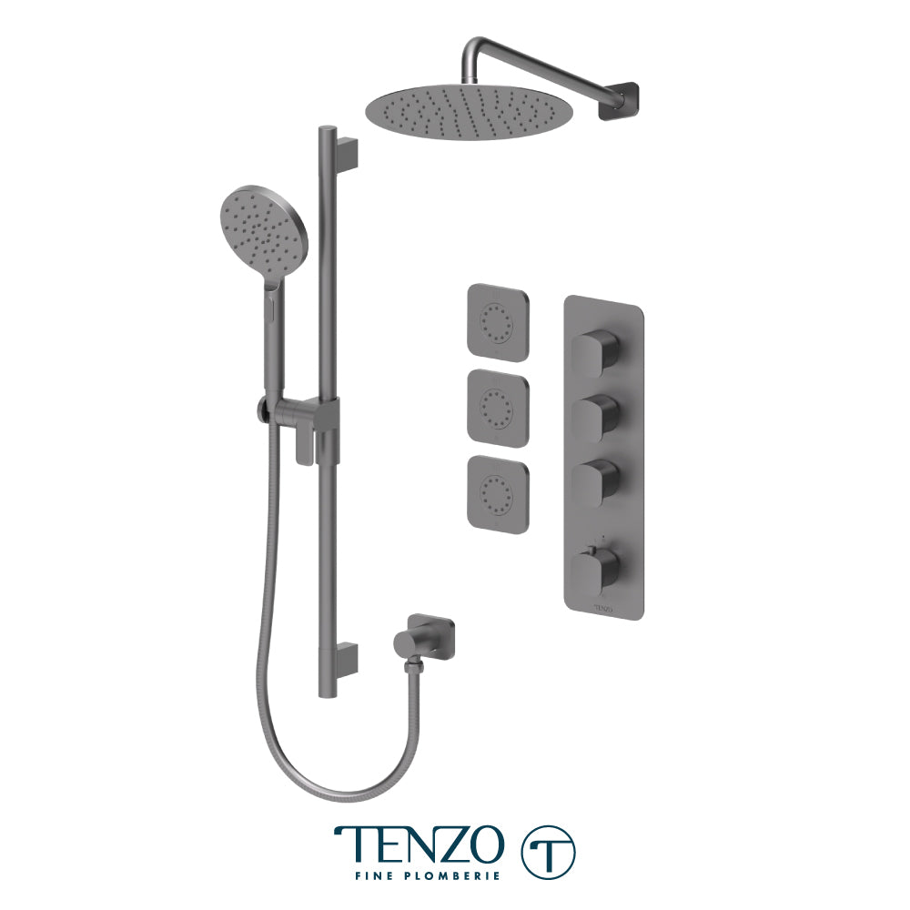 Tenzo Delano Extenza 3-Function Thermostatic Shower Kit, 12" Round AirBoost Rain Head & Wall Arm & 3 Body Jets - DET43-571112R