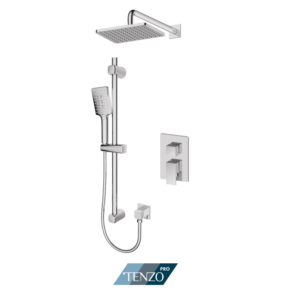 Tenzo Kalissa Pressure Balance Shower Kit Trim, Rectangular Rain Head & Sliding Bar Kit With Square Hand Shower - F-KAPB22-1130