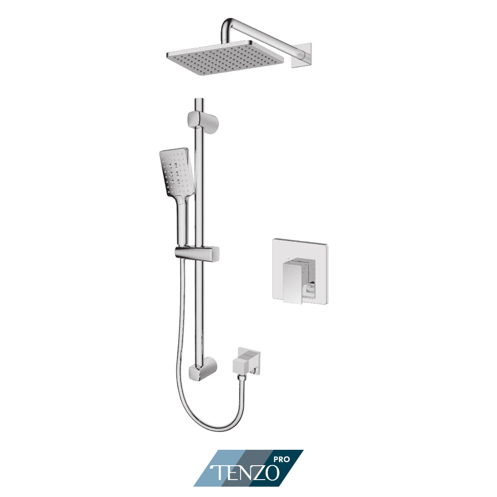 Tenzo Kalissa Rotary Pressure Balance Shower Kit Trim, Rectangular Rain Head & Sliding Bar Kit With Square Hand Shower - F-KAPB22R-1130