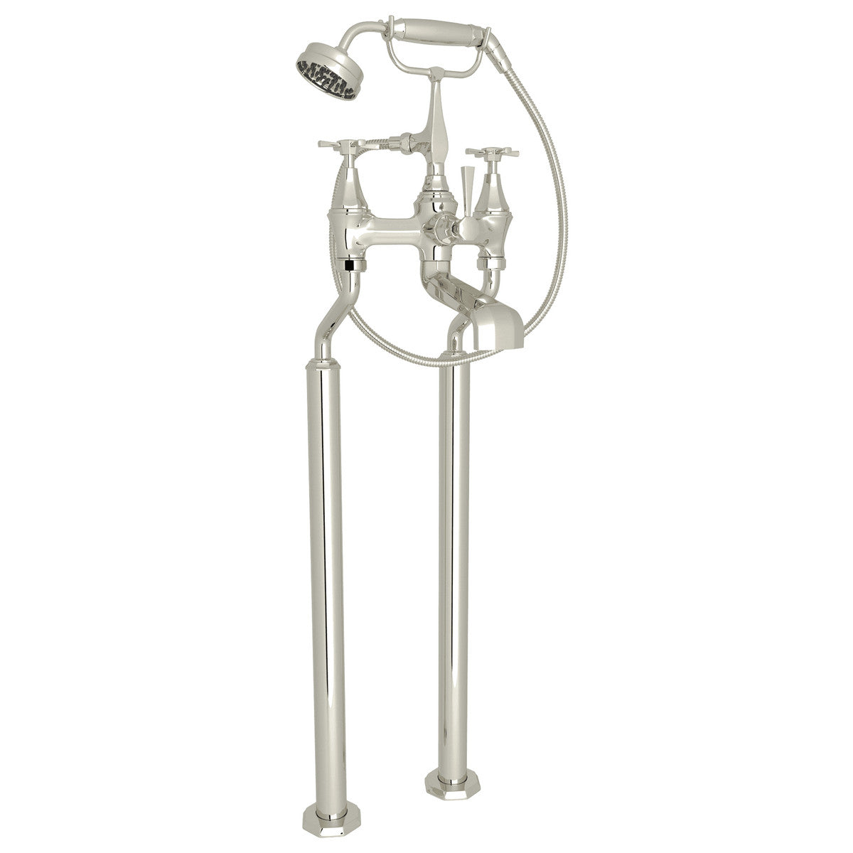 Perrin & Rowe Deco Exposed Floor Mount Tub Filler With Handshower, Cross Handle 19 GPM