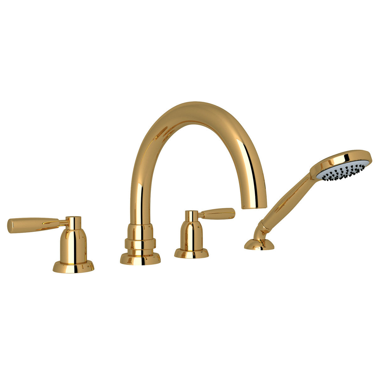 Perrin & Rowe Holborn 4-Hole Deck Mount Tubular C-Spout Bathtub Filler With Handshower, Lever Handle