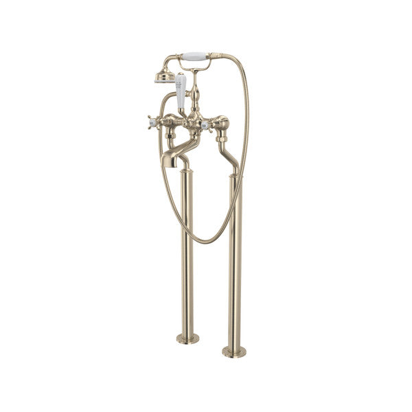 Perrin & Rowe Exposed Floor Mount Tub Filler With Handshower, Cross Handles
