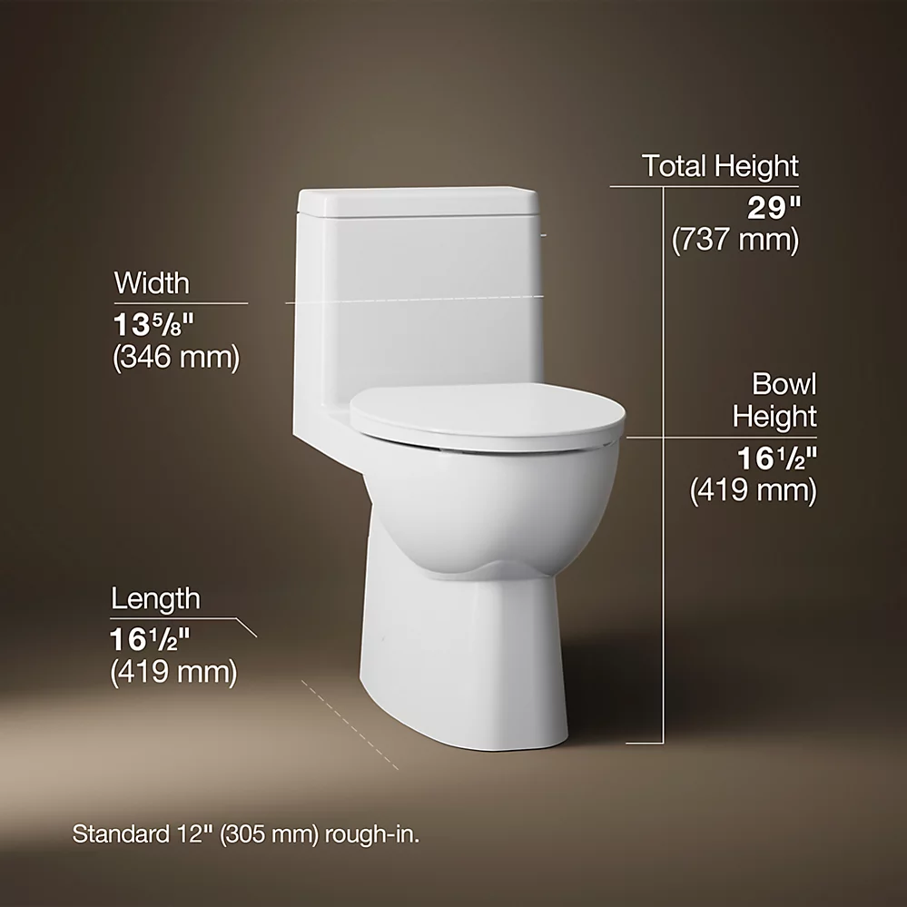 Kohler Reach One-Piece Compact Elongated Toilet With Skirted Trapway, 1.28 GPF Right-Hand Trip Lever