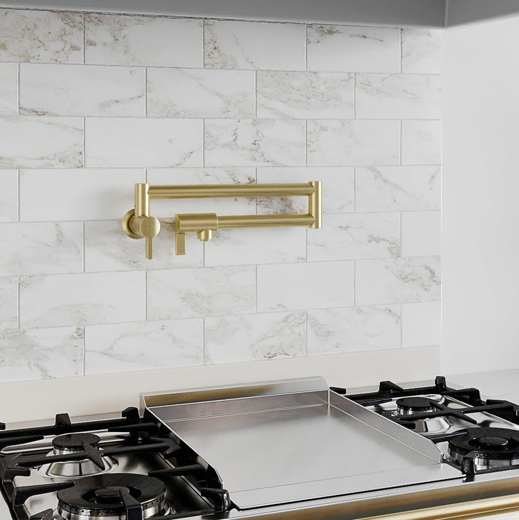 Baril Arte wall-mounted pot filler above a kitchen range