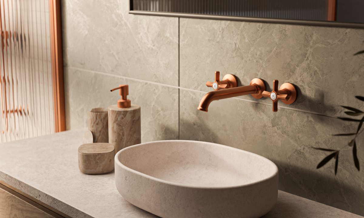 Baril Beaumont B20 two-handle wall-mounted lavatory faucet in a finished bathroom