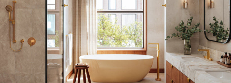 Riobel Nibi widespread lavatory faucet and tub filler in brushed gold