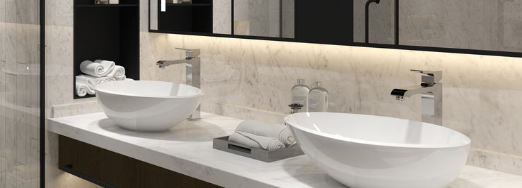 Riobel Zendo lavatory faucet in black on a designed vanity