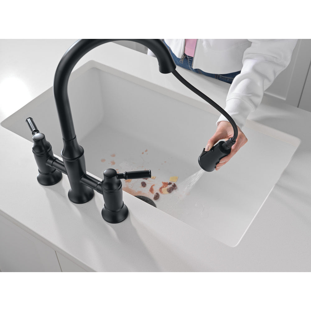 Delta Renaldi Two Handle Pull-Down Bridge Kitchen Faucet - 2384L