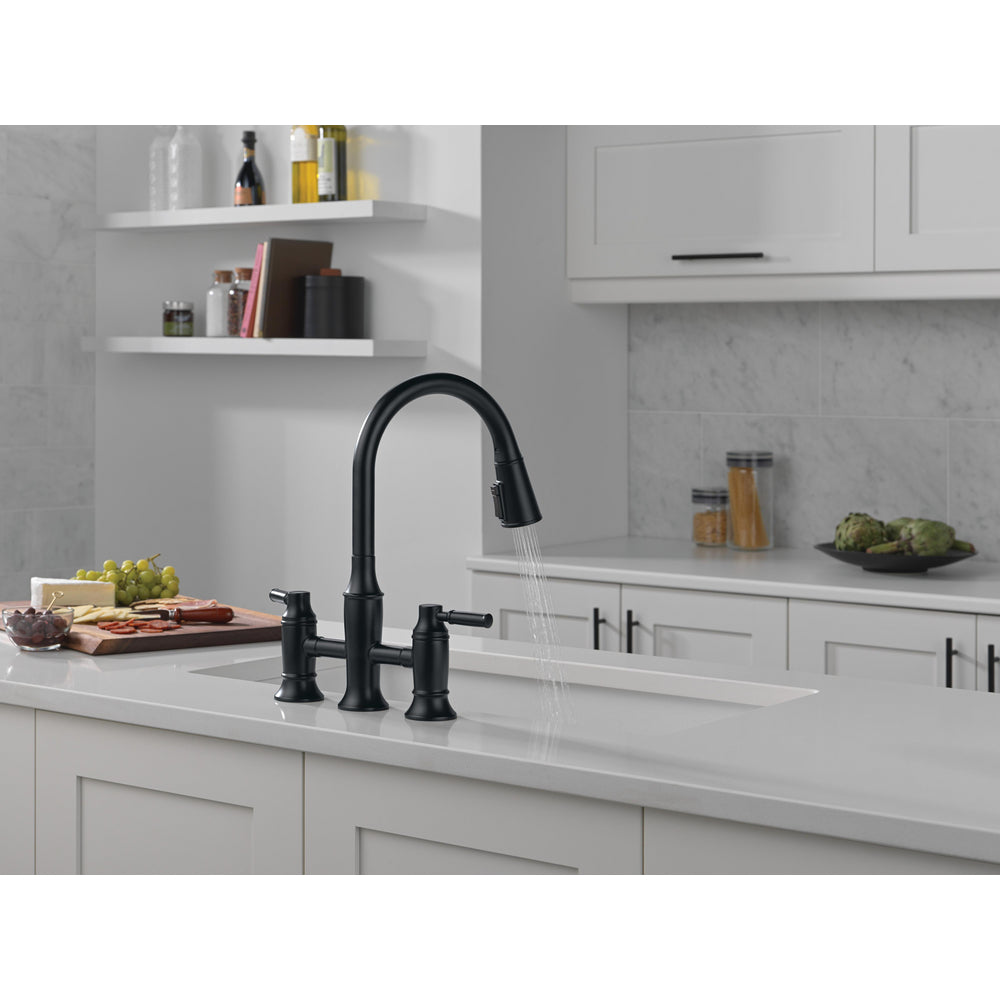 Delta Renaldi Two Handle Pull-Down Bridge Kitchen Faucet - 2384L
