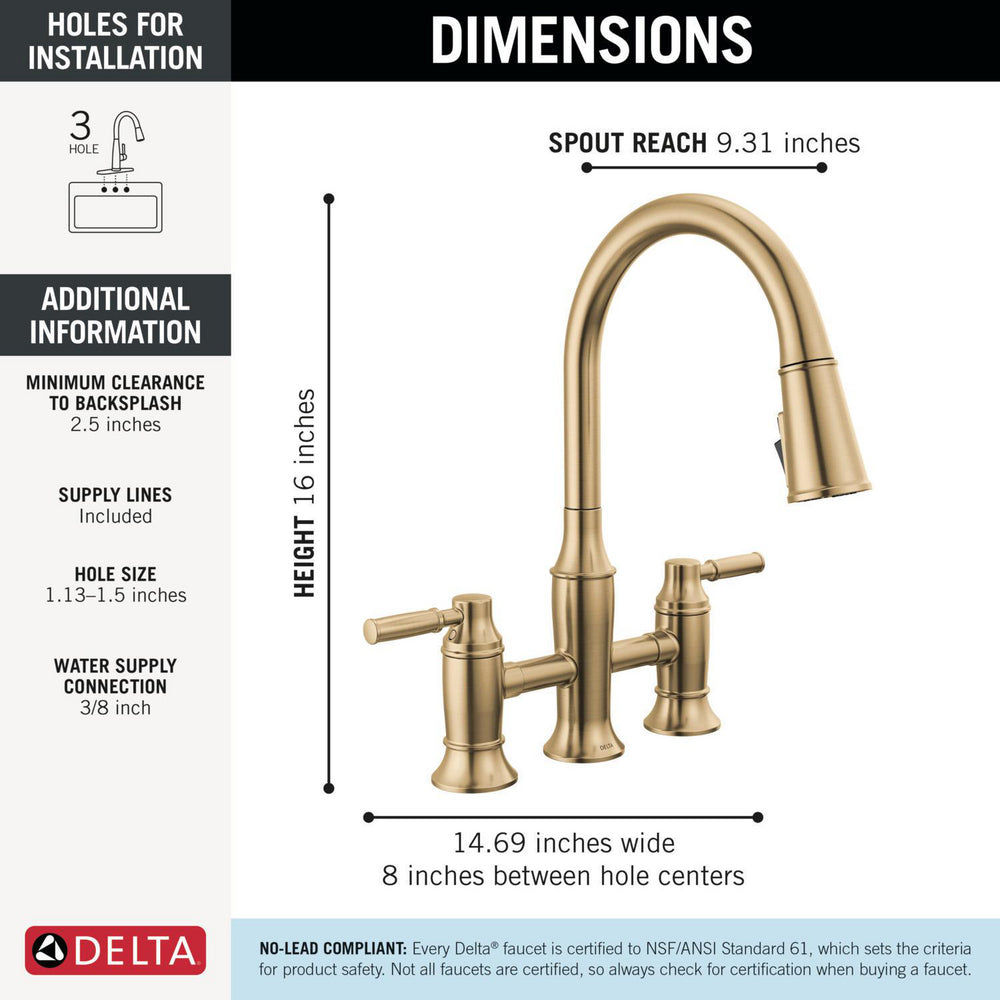 Delta Renaldi Two Handle Pull-Down Bridge Kitchen Faucet - 2384L