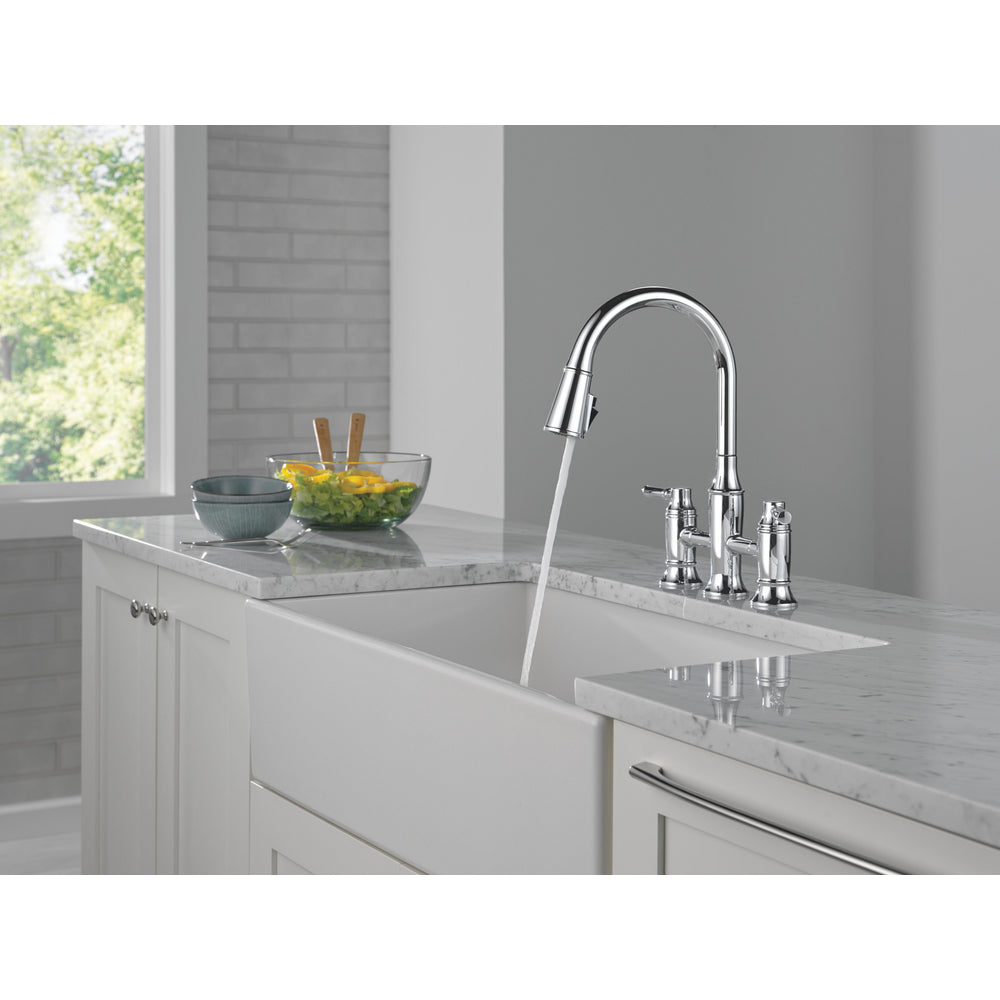 Delta Renaldi Two Handle Pull-Down Bridge Kitchen Faucet - 2384L