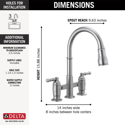 Delta Broderick Two Handle Pull-Down Bridge Kitchen Faucet - 2390L