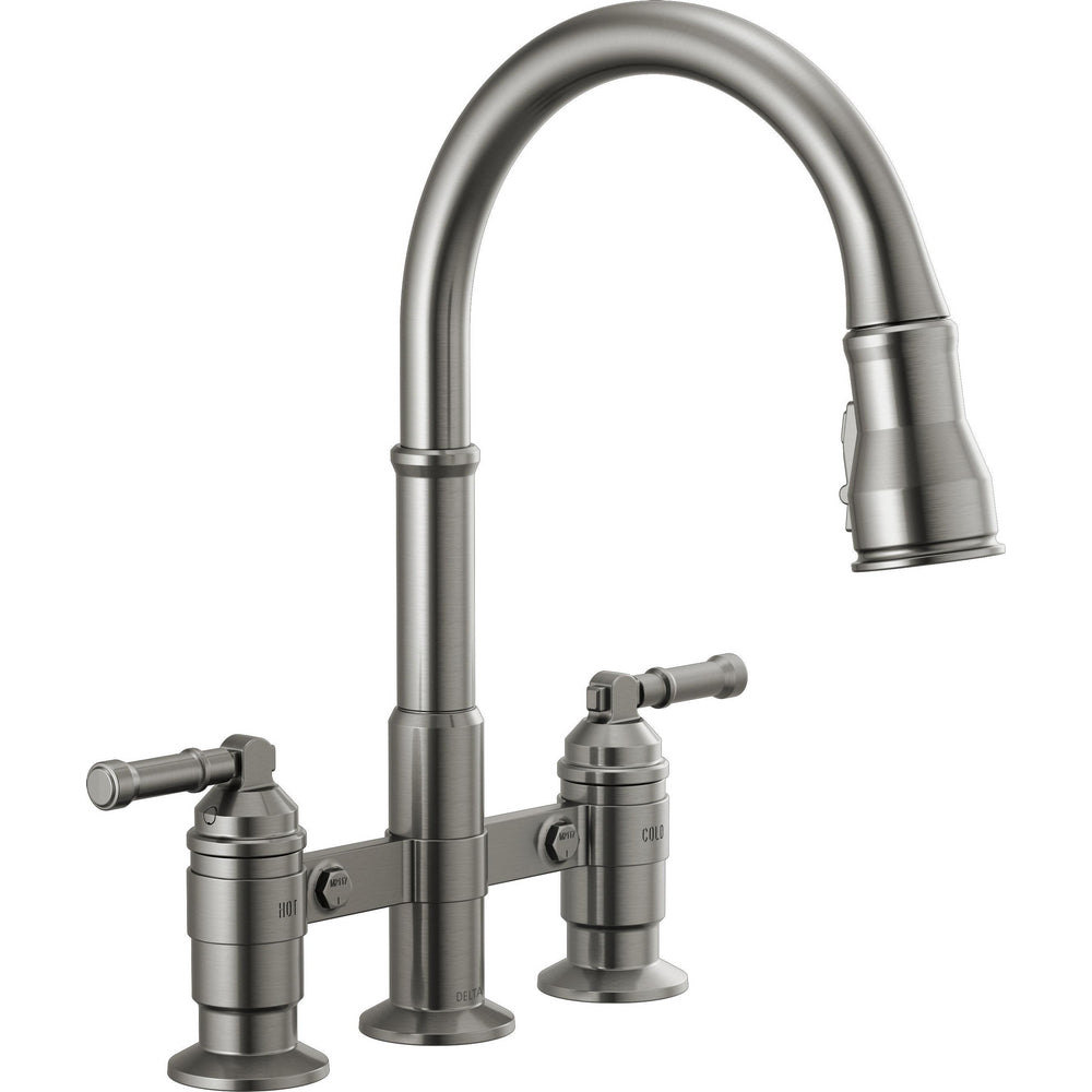 Delta Broderick Two Handle Pull-Down Bridge Kitchen Faucet - 2390L