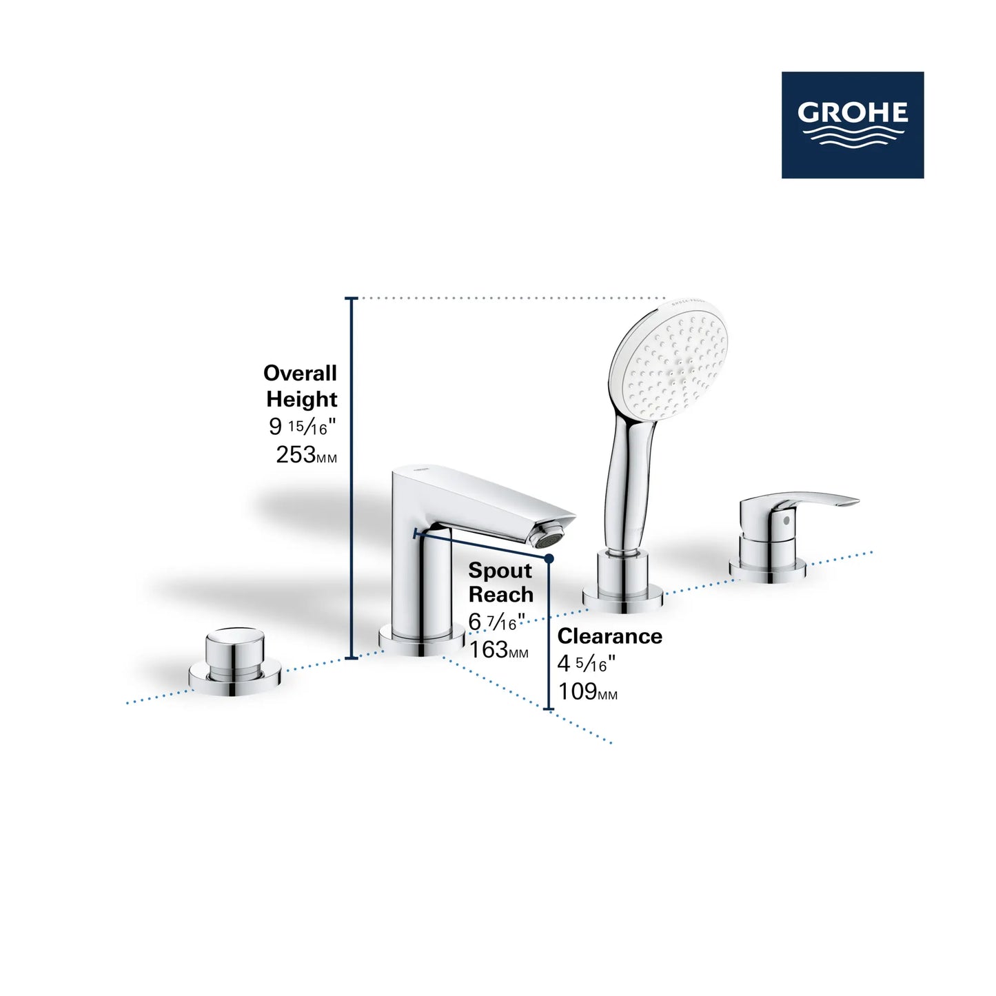 Robinet de baignoire romain monotrou Grohe Eurosmart à 4 trous, montage sur le pont, avec douchette à main de 1,5 gpm - 25277