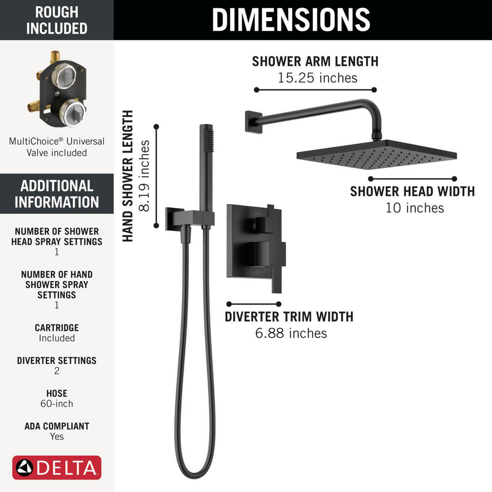 Delta Mitigeur de douche moderne Série 14 avec pommeau de douche effet pluie, douchette à main et robinet brut - 342701