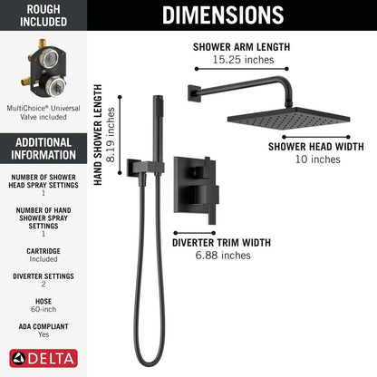 Delta Mitigeur de douche moderne Série 14 avec pommeau de douche effet pluie, douchette à main et robinet brut - 342701