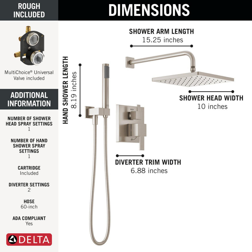 Delta Mitigeur de douche moderne Série 14 avec pommeau de douche effet pluie, douchette à main et robinet brut - 342701