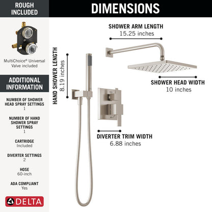 Delta Mitigeur de douche moderne Série 14 avec pommeau de douche effet pluie, douchette à main et robinet brut - 342701