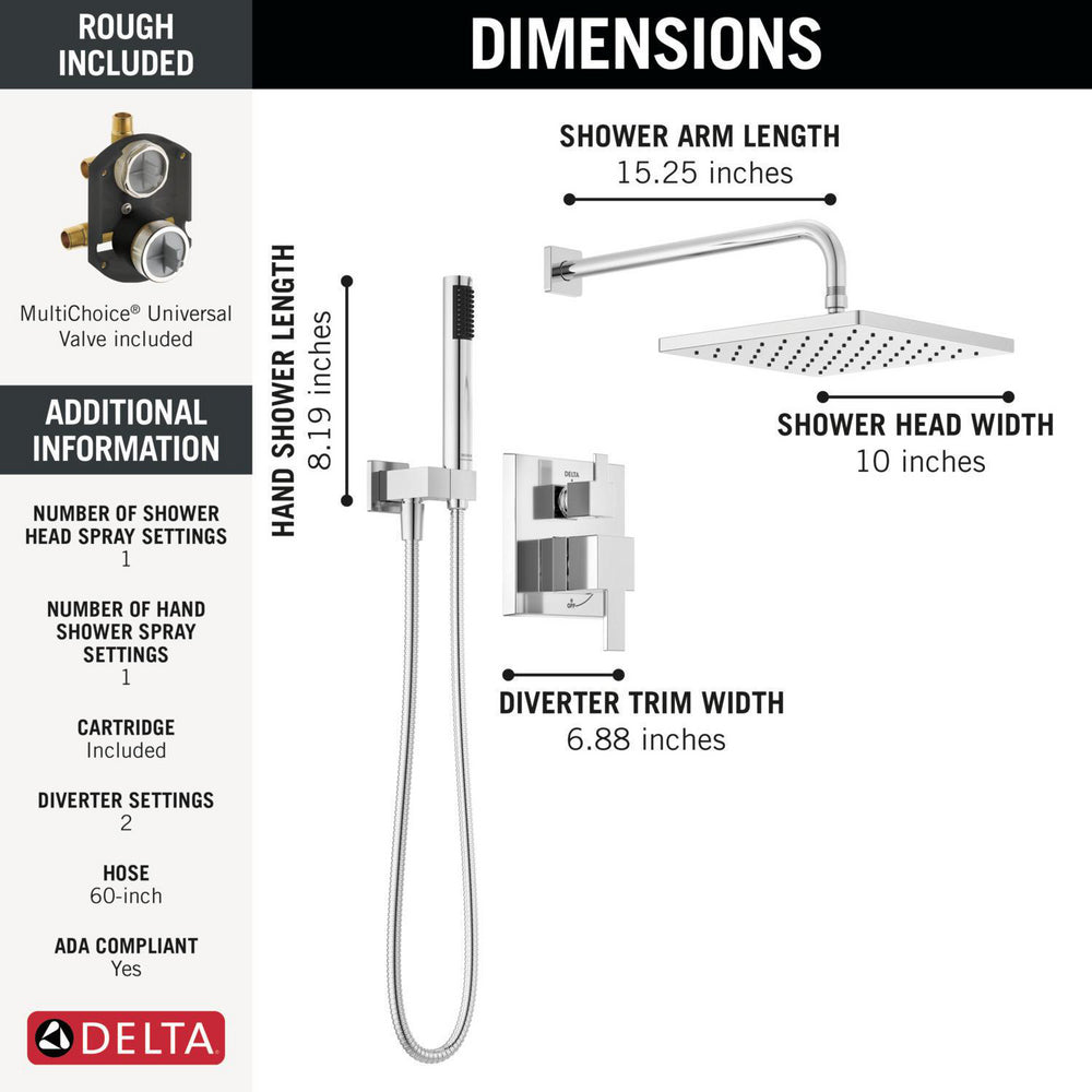 Delta Mitigeur de douche moderne Série 14 avec pommeau de douche effet pluie, douchette à main et robinet brut - 342701