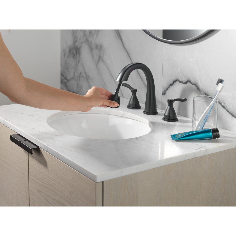 Delta Stryke Two Handle Widespread Pull Down Bathroom Faucet