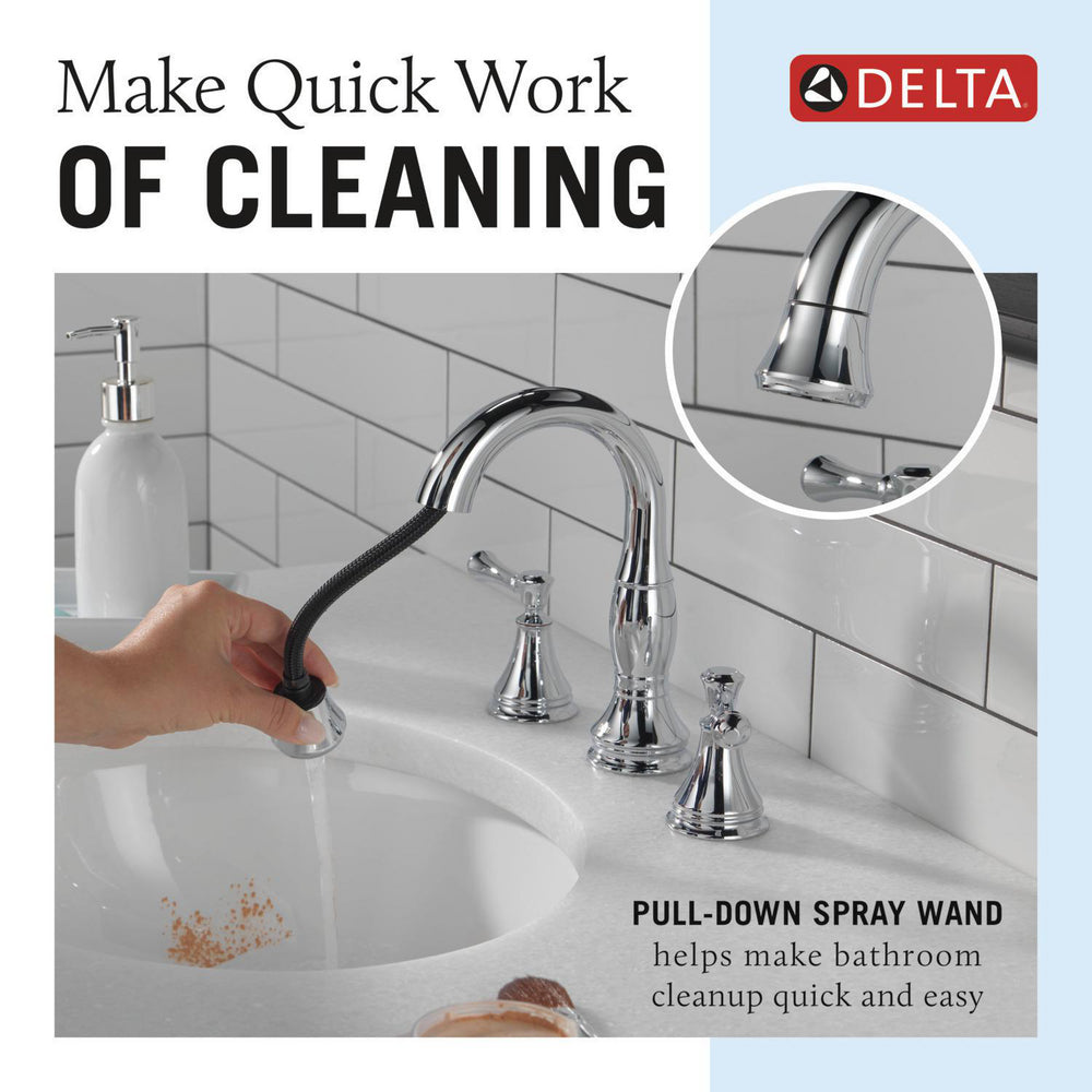 Robinet de salle de bain Delta Cassidy à deux poignées, installation large, avec douchette extractible - 3597