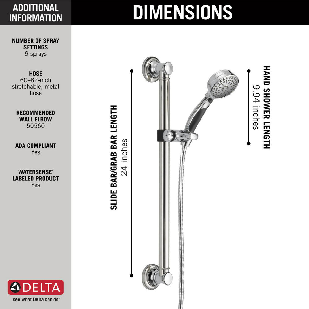 Delta ActivTouch 9-Setting Hand Shower with Traditional Slide Bar / Grab Bar - 51900