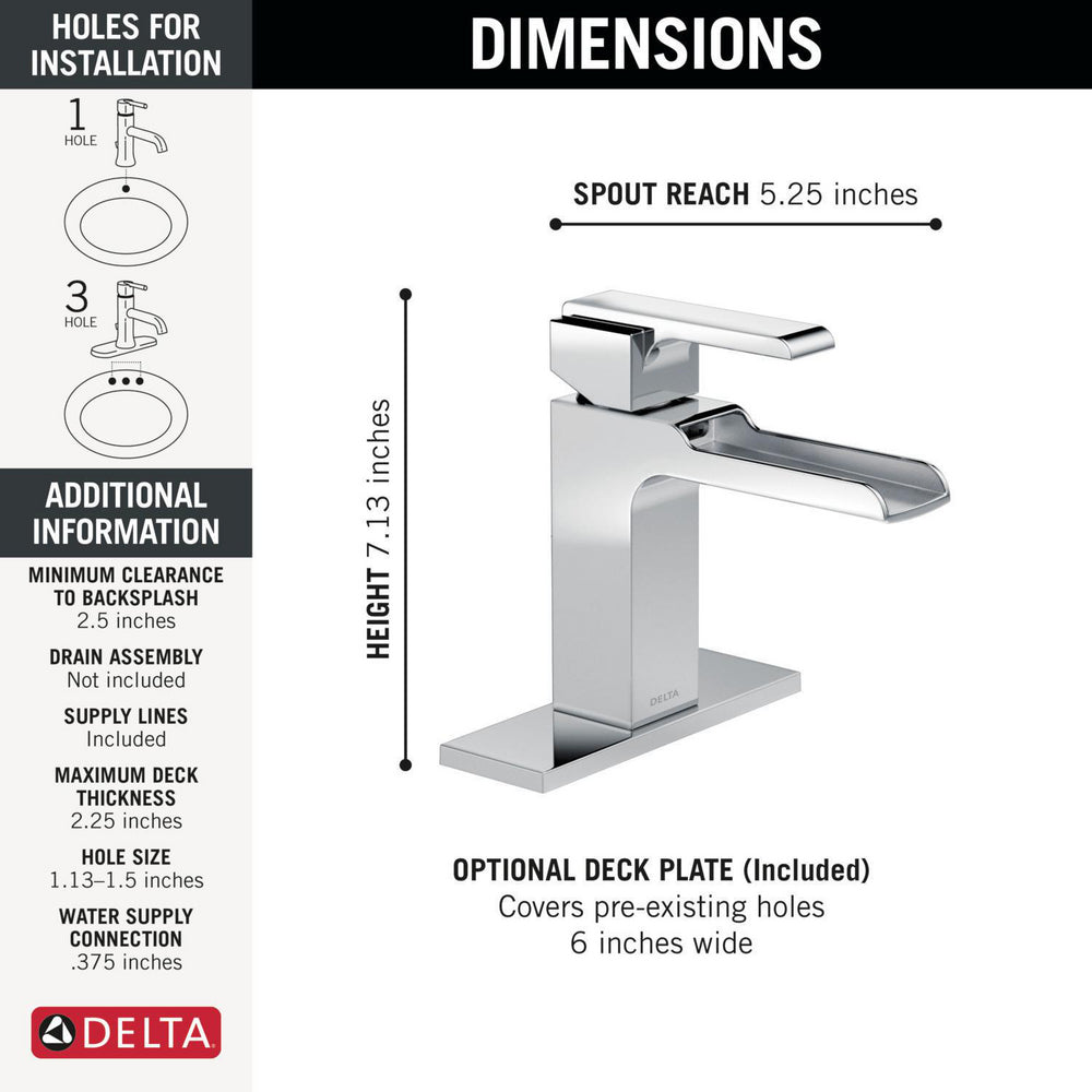 Delta Ara Single Handle Channel Bathroom Faucet Less Drain - 568LF