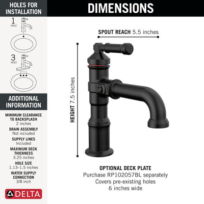 Robinet de salle de bain monotrou Delta Broderick avec poignée unique, sans tirette – 584-BLLPU-DST