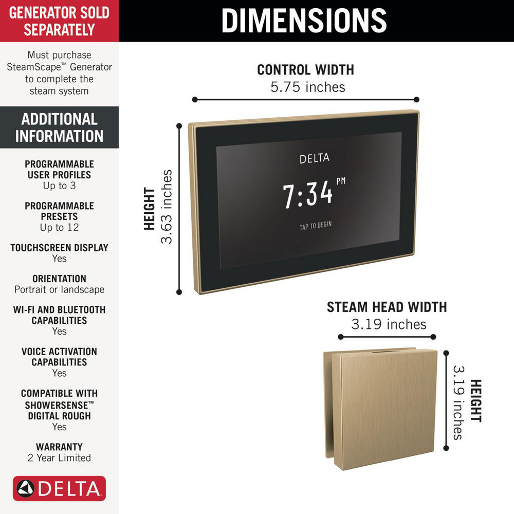Delta SteamScape Deluxe System Square Digital Steam Package - 5CH
