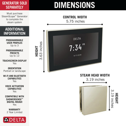 Delta SteamScape Deluxe System Square Digital Steam Package - 5CH