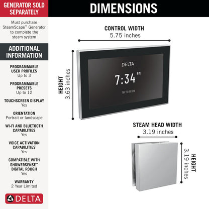Delta SteamScape Deluxe System Square Digital Steam Package - 5CH