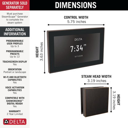 Delta SteamScape Deluxe System Square Digital Steam Package - 5CH