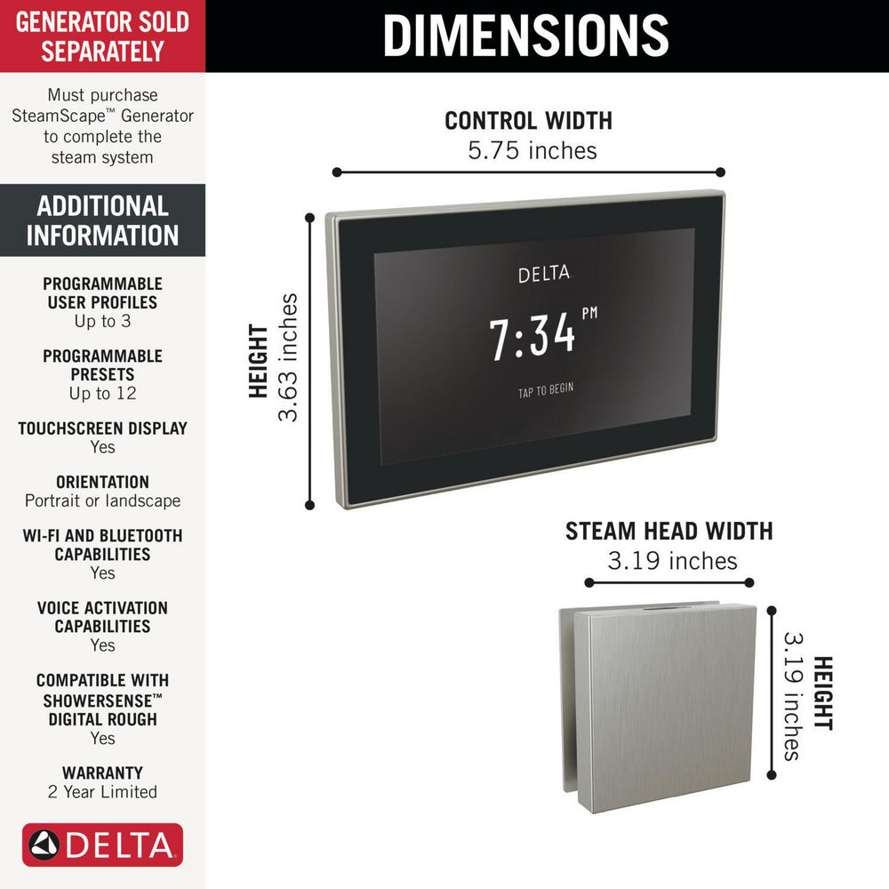 Delta SteamScape Deluxe System Square Digital Steam Package - 5CH