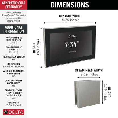 Delta SteamScape Deluxe System Square Digital Steam Package - 5CH