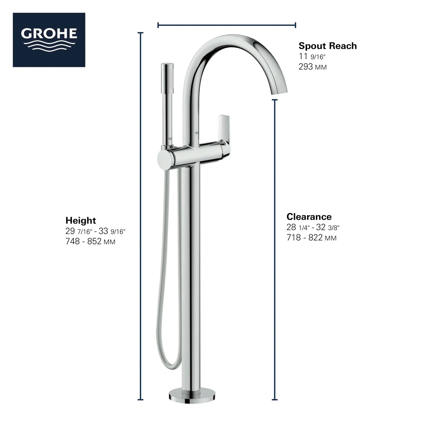 Grohe Defined Single-Handle Freestanding Tub Faucet with 1.75 GPM Hand Shower
