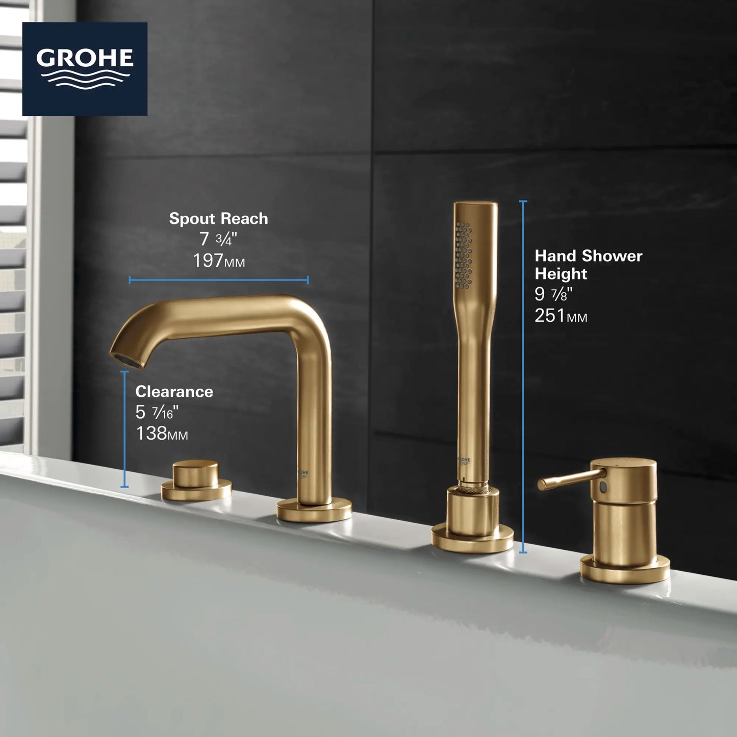Grohe Essence 4-Hole Single-Handle Deck Mount Roman Tub Faucet with 6.6 L/min (1.75 gpm) Hand Shower - 19578