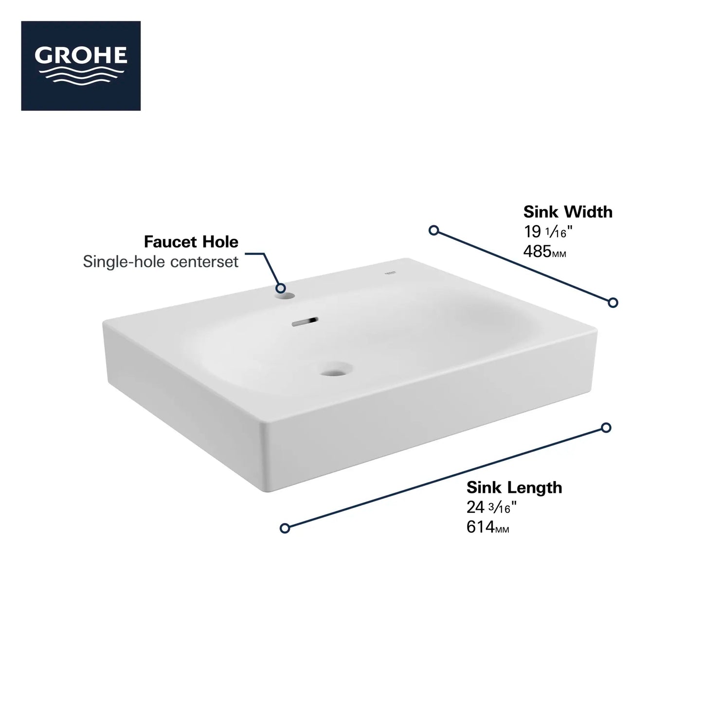 Grohe Eurocube Wall Mount 24" Bathroom Sink, 1-Hole - 39656