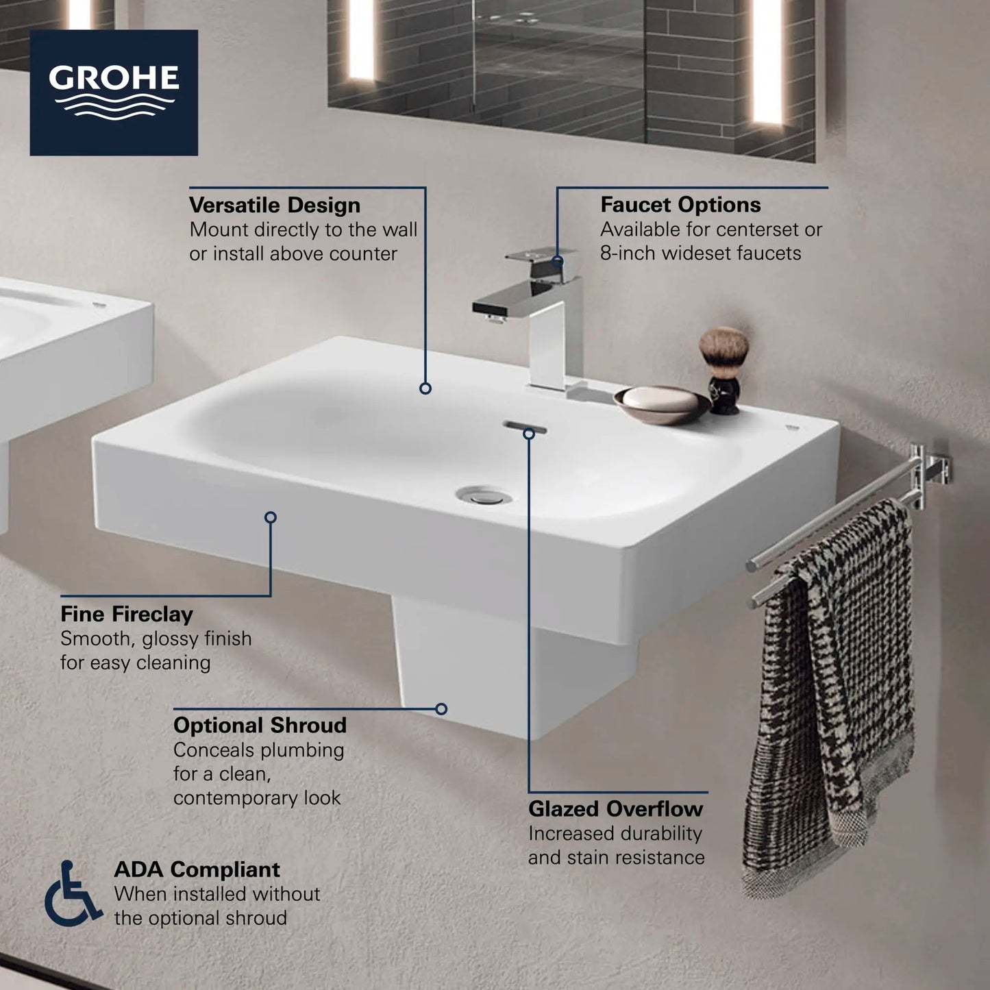Grohe Eurocube Wall Mount 24" Bathroom Sink, 1-Hole - 39656