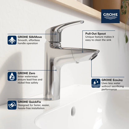 Grohe Eurosmart Single Hole Single-Handle M-Size Bathroom Faucet, 1.2 GPM (4.5 L/min) with Pull-Out - 23991